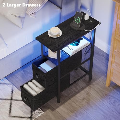 TRIFEBLE End Table with Charging Station, Narrow Side Table with 2 Fabric Drawers, Skinny Nightstand with LED Light, Slim Bedside Table for Bedroom, Living Room, Small Spaces, Black