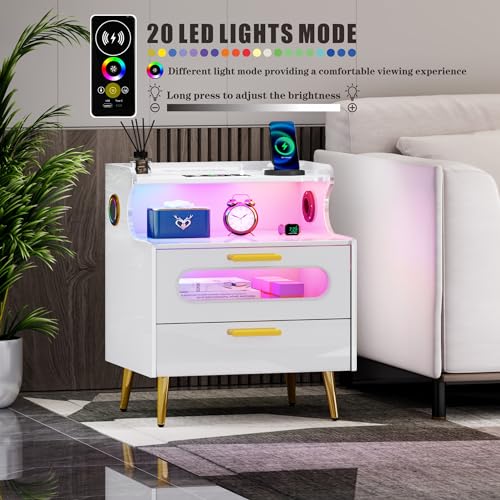 Smart Nightstand with Bluetooth Speaker - Bedside Table with LED Lights & Human Sensor, Modern End Table with Wireless Charging Station, Night Stand with Drawer for Bedroom White