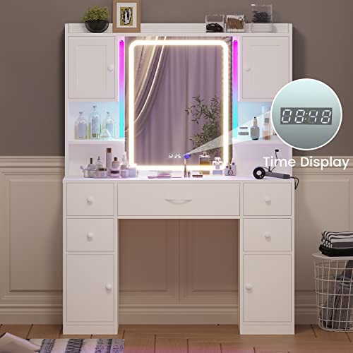 Tiptiper Large Vanity Desk with Mirror and Lights, Makeup Vanity with Lights and Charging Station, Vanity Table with Smart Mirror with Time Display, Makeup Table with 5 Drawers, White