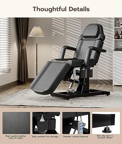 Icoget Fully Electric Esthetician Bed Tattoo Chair Bed, 3 Motor Facial Bed for Client, Professional Beauty Bed Spa Chair Massage Table for Lash Extensions, All Remote Control, Black