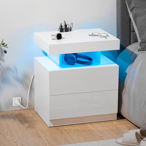 HOMMPA Set of 2 White LED Nightstand with Wireless Charging Station USB Port Type C Modern Bedside Table Smart LED Nightstand Tall 2 Drawers Night Table with Light High Gloss Night Stand for Bedroom
