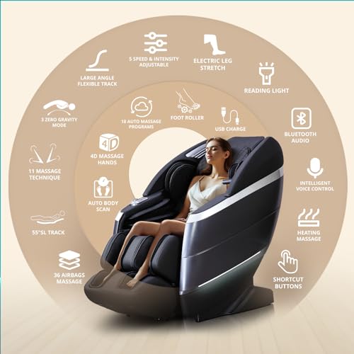 HealthRelife 4D Massage Chair Full Body, 166° Flexible Track, 18 Modes Massage, 11 Massage Technique, 36 Airbag Massage, with Yoga Stretch, Foot Massage, Zero Gravity Massage Recliner（Black）