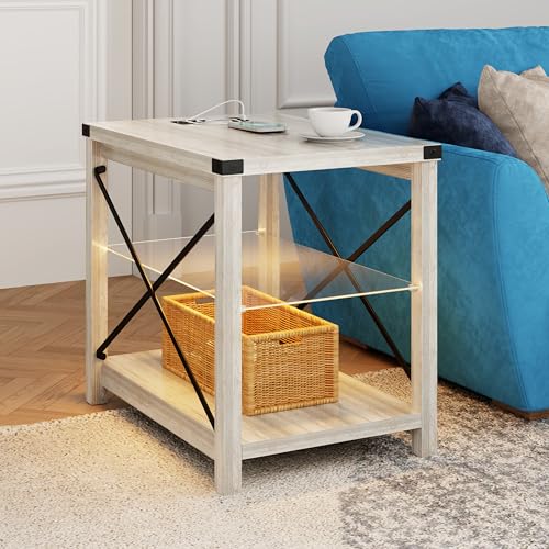 End Side Table with LED Lights, Small Bedside Table with Charging Station for Narrow Place, Smart Night stand with Storage with Removable Glass Middle Panel for Living Room/Bedroom/Office Grey