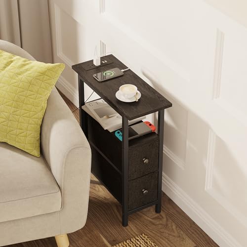 TRIFEBLE End Table with Charging Station, Narrow Side Table with 2 Fabric Drawers, Skinny Nightstand with LED Light, Slim Bedside Table for Bedroom, Living Room, Small Spaces, Black
