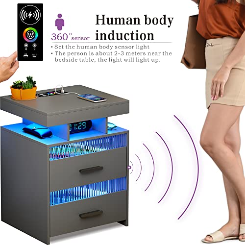 Grey Night Stand with Charging Station: All in One Nightstand with Drawers Bedside Table with LED Light & Human Sensor Design Modern End Table for Bedroom Livingroom Office