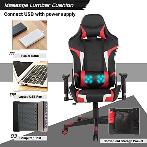 GYMAX Massage Gaming Chair, Racing Computer Swivel Chair with Headrest & Lumbar Support, High Back Ergonomic Office Task Reclining Chair, PC Video Game Chair for Home Work (Red)