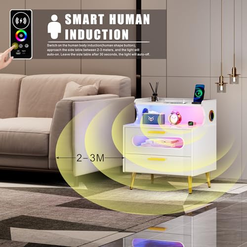 Smart Nightstand with Bluetooth Speaker - Bedside Table with LED Lights & Human Sensor, Modern End Table with Wireless Charging Station, Night Stand with Drawer for Bedroom White