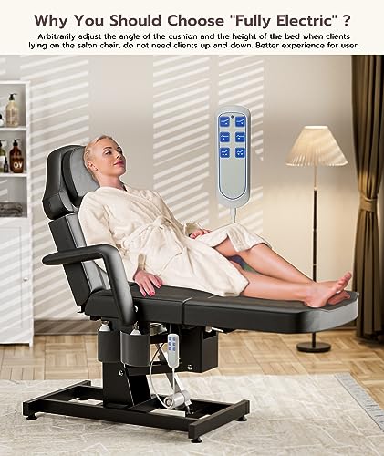 Icoget Fully Electric Esthetician Bed Tattoo Chair Bed, 3 Motor Facial Bed for Client, Professional Beauty Bed Spa Chair Massage Table for Lash Extensions, All Remote Control, Black