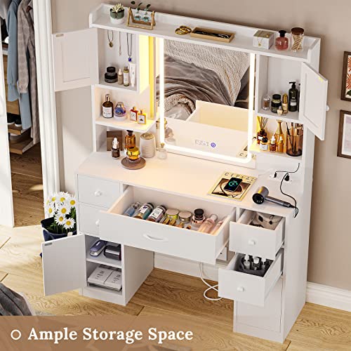 Tiptiper Large Vanity Desk with Mirror and Lights, Makeup Vanity with Lights and Charging Station, Vanity Table with Smart Mirror with Time Display, Makeup Table with 5 Drawers, White