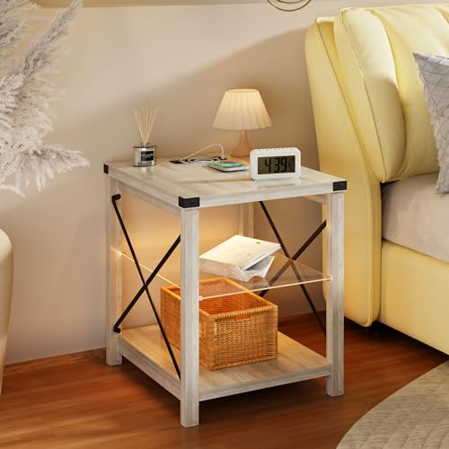 End Side Table with LED Lights, Small Bedside Table with Charging Station for Narrow Place, Smart Night stand with Storage with Removable Glass Middle Panel for Living Room/Bedroom/Office Grey