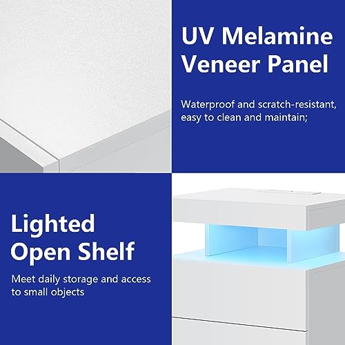 HOMMPA Set of 2 White LED Nightstand with Wireless Charging Station USB Port Type C Modern Bedside Table Smart LED Nightstand Tall 2 Drawers Night Table with Light High Gloss Night Stand for Bedroom