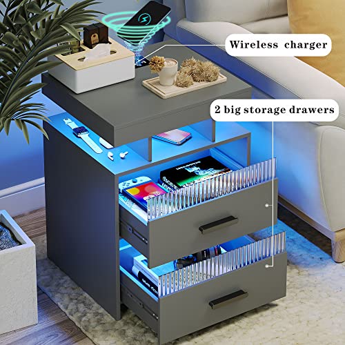 Grey Night Stand with Charging Station: All in One Nightstand with Drawers Bedside Table with LED Light & Human Sensor Design Modern End Table for Bedroom Livingroom Office