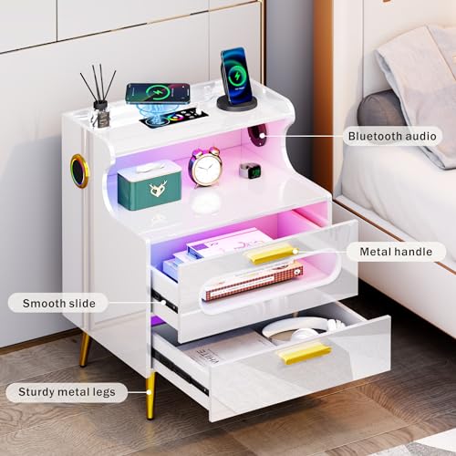Smart Nightstand with Bluetooth Speaker - Bedside Table with LED Lights & Human Sensor, Modern End Table with Wireless Charging Station, Night Stand with Drawer for Bedroom White