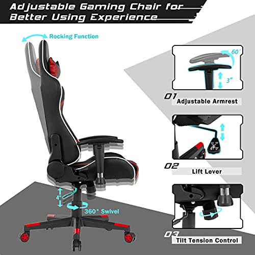 GYMAX Massage Gaming Chair, Racing Computer Swivel Chair with Headrest & Lumbar Support, High Back Ergonomic Office Task Reclining Chair, PC Video Game Chair for Home Work (Red)