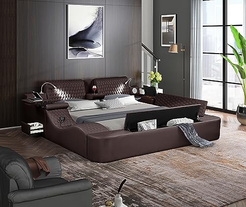 JIEJIEGAO Multifunction Queen Bed Frame, Luxury Leather Bed Frame with Adjustable Headboard Massage Recliner/USB Port/Music Speaker/Storage Footstool/Storage Shelf, Modern Smart Bed(Brown)