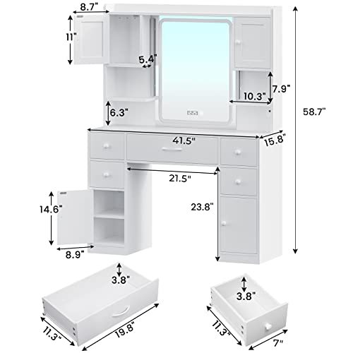 Tiptiper Large Vanity Desk with Mirror and Lights, Makeup Vanity with Lights and Charging Station, Vanity Table with Smart Mirror with Time Display, Makeup Table with 5 Drawers, White
