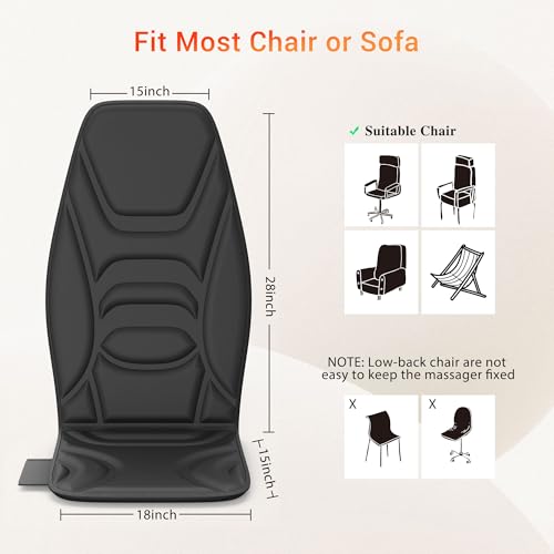 Back Massage Chair Pad, Back Massager with Heat for Pain Relief, Foldable Chair Massager for Full Body Massage, Deep Tissue Vibration Seat Massage Cushion with 2 Adapters, Gifts for Men & Women