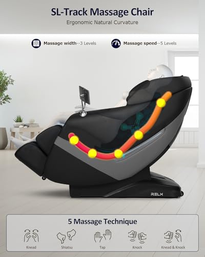 RELX Massage Chair Full Body, Zero Gravity Shiatsu Massage Chair with SL Track, Yoga Stretching, Foot Rollers, Waist Heating, AI Voice Control and Bluetooth (Venus Pro Black)