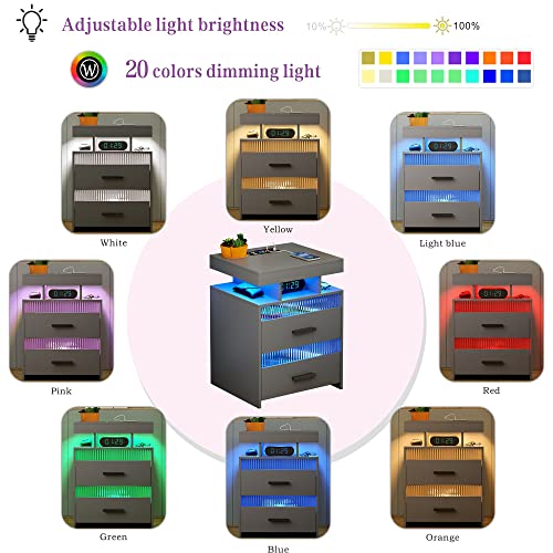 Grey Night Stand with Charging Station: All in One Nightstand with Drawers Bedside Table with LED Light & Human Sensor Design Modern End Table for Bedroom Livingroom Office