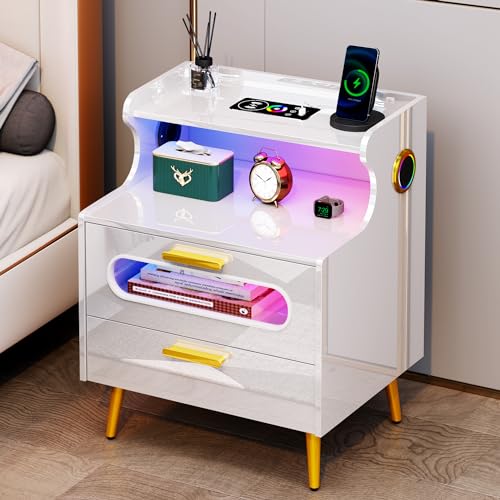 Smart Nightstand with Bluetooth Speaker - Bedside Table with LED Lights & Human Sensor, Modern End Table with Wireless Charging Station, Night Stand with Drawer for Bedroom White