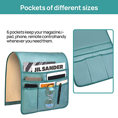 Remote Control Holder Faux Leather Armrest Organizer with 6 Pockets for Recliner Couch Sofa, Armchair Caddy for Smart Phone, Book, Magazines, Ipad, Remotes (Teal)