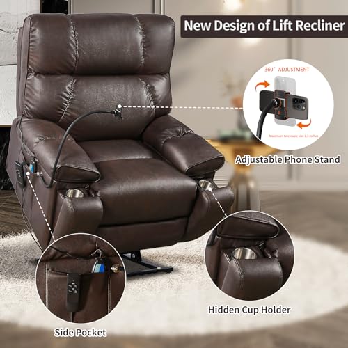 Large Dual Motor Lay Flat Lift Recliner Chair with Cup Holder and Adjustable Phone Holder for Elderly, Infinite Position Breathable Bonded Leather Electric Power Sleeping Chair with Massage,Heating