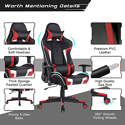 GYMAX Massage Gaming Chair, Racing Computer Swivel Chair with Headrest & Lumbar Support, High Back Ergonomic Office Task Reclining Chair, PC Video Game Chair for Home Work (Red)