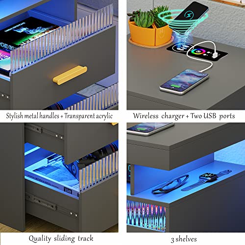 Grey Night Stand with Charging Station: All in One Nightstand with Drawers Bedside Table with LED Light & Human Sensor Design Modern End Table for Bedroom Livingroom Office