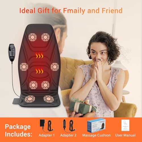 Back Massage Chair Pad, Back Massager with Heat for Pain Relief, Foldable Chair Massager for Full Body Massage, Deep Tissue Vibration Seat Massage Cushion with 2 Adapters, Gifts for Men & Women