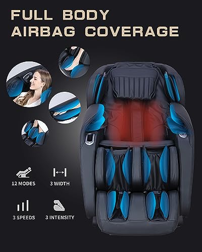 HealthRelife Massage Chair Full Body Recliner, with Heat Zero Gravity Air Pressure SL Track Intelligent Voice Control Airbags, Foot Roller Bluetooth Speaker Space-Saving Gift Mother's Day, Black