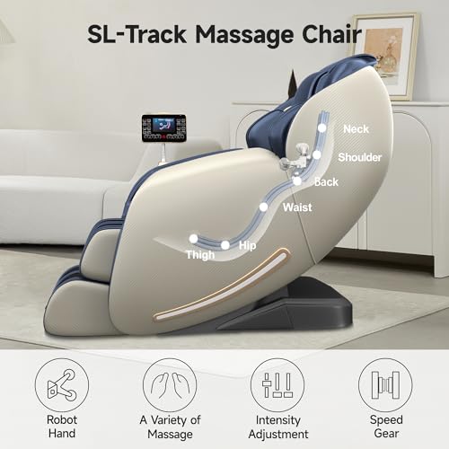 Real Relax Massage Chair, Full Body Zero Gravity SL-Track Shiatsu Massage Recliner Chair with Heat Body Scan Bluetooth Foot Roller APP Control, Favor-06 Blue