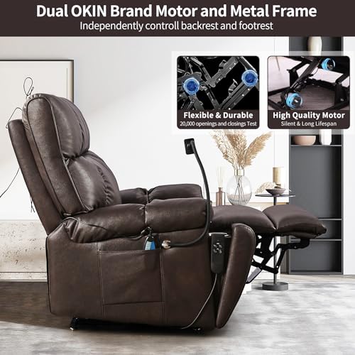 Large Dual Motor Lay Flat Lift Recliner Chair with Cup Holder and Adjustable Phone Holder for Elderly, Infinite Position Breathable Bonded Leather Electric Power Sleeping Chair with Massage,Heating