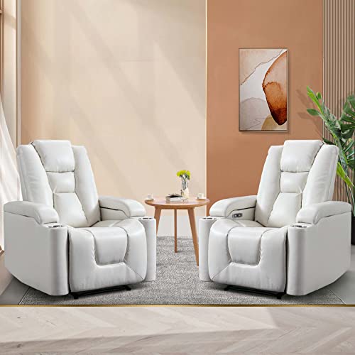 ANJ White Power Recliner Chair Set of 2, Electric Home Theater Seating Soft Leather Reclining Chairs for Movie Room Overstuffed Recliners with Hidden Arm Storage, Cup Holders and USB Ports