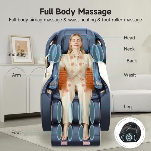 Real Relax Massage Chair, Full Body Zero Gravity SL-Track Shiatsu Massage Recliner Chair with Heat Body Scan Bluetooth Foot Roller APP Control, Favor-06 Blue