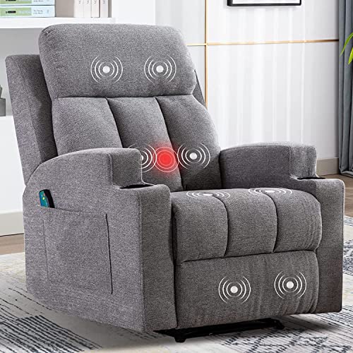 ANJ Massage Recliner Chairs with Heat Breathable Fabric Manual Recliners with Cup Holders for Living Room, Modern Reclining Single Sofas (Light Grey)
