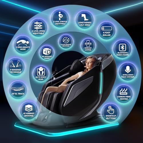 HealthRelife Massage Chair Full Body Recliner - Zero Gravity with Heat, 15 Modes, Shiatsu Foot Massage, with Yoga Stretch 55“ SL-Track 40 Airbags Massage Foot Rollers AI Control (Black)