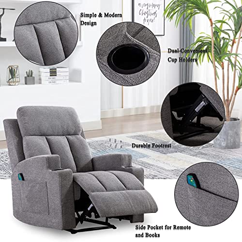 ANJ Massage Recliner Chairs with Heat Breathable Fabric Manual Recliners with Cup Holders for Living Room, Modern Reclining Single Sofas (Light Grey)