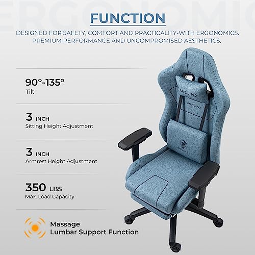 Dowinx Gaming Chair Tech Fabric with Pocket Spring Cushion, Ergonomic Computer Chair with Massage Lumbar Support and Footrest, Comfortable Reclining Game Office Chair 300lbs for Adult, Blue