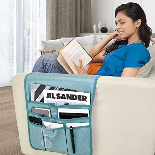 Remote Control Holder Faux Leather Armrest Organizer with 6 Pockets for Recliner Couch Sofa, Armchair Caddy for Smart Phone, Book, Magazines, Ipad, Remotes (Teal)