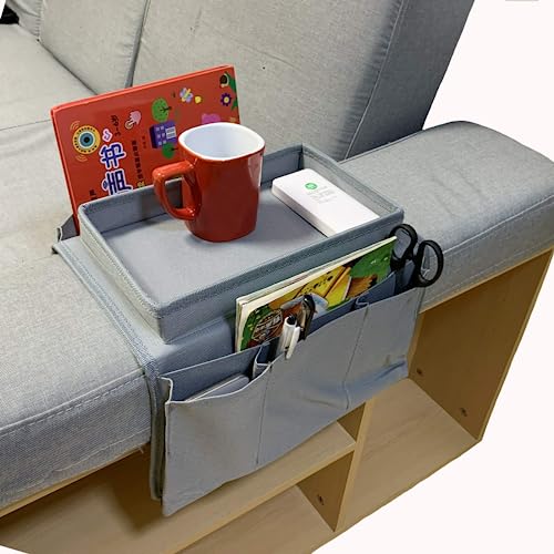 BEISIJIA Sofa Armrest Organizer, Couch TV Remote Storage Organizer with Pockets for Recliner Armchair Snacks Glasses Smartphone Magazines Pouch (Grey)