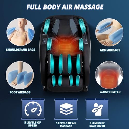 HealthRelife Massage Chair Full Body Recliner - Zero Gravity with Heat, 15 Modes, Shiatsu Foot Massage, with Yoga Stretch 55“ SL-Track 40 Airbags Massage Foot Rollers AI Control (Black)