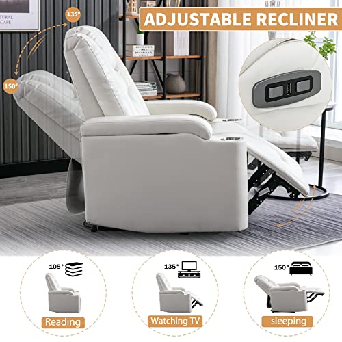 ANJ White Power Recliner Chair Set of 2, Electric Home Theater Seating Soft Leather Reclining Chairs for Movie Room Overstuffed Recliners with Hidden Arm Storage, Cup Holders and USB Ports