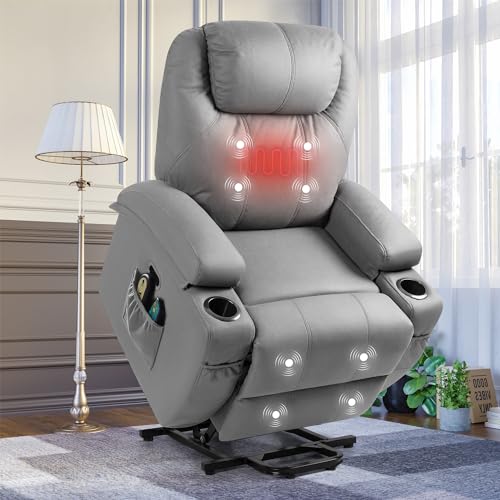 YESHOMY Power Lift Recliner Chair with Massage and Heat, Fabric Papped Sofa with Remote Control and Two Cup Holders for Living Room, Bedroom,Dark Blue, Light Grey