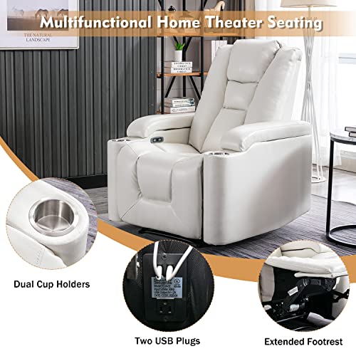 ANJ White Power Recliner Chair Set of 2, Electric Home Theater Seating Soft Leather Reclining Chairs for Movie Room Overstuffed Recliners with Hidden Arm Storage, Cup Holders and USB Ports