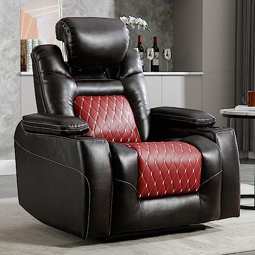 ANJ Electric Power Recliner Chair with Adjustable Powered Headrest, Faux Leather Home Theater Seating Overstuffed Reclining Furniture with USB Ports, Cup Holders, Hidden Arm Storage (Brown/Red)