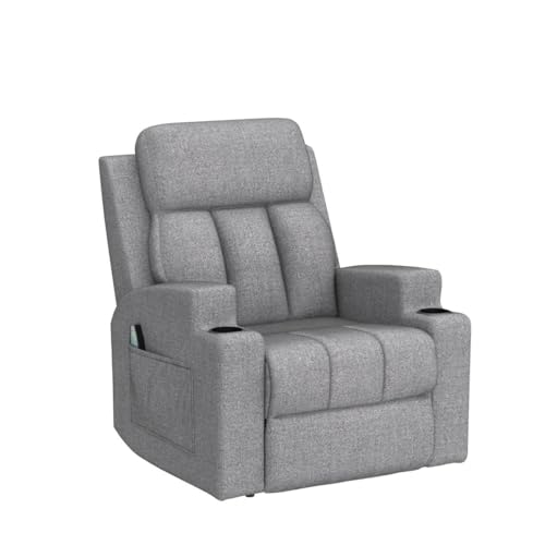 ANJ Massage Recliner Chairs with Heat Breathable Fabric Manual Recliners with Cup Holders for Living Room, Modern Reclining Single Sofas (Light Grey)