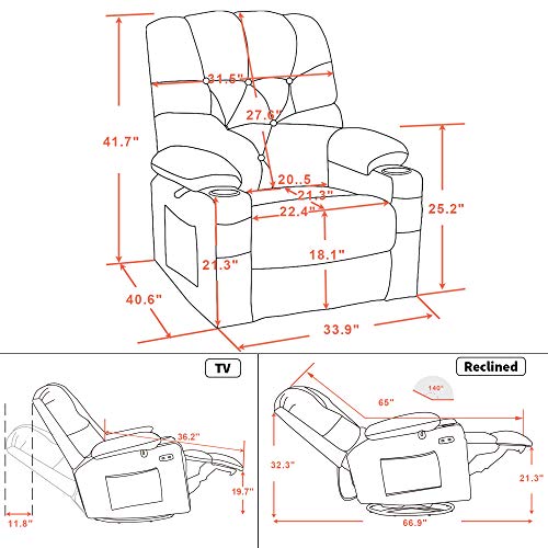 MCombo Electric Power Swivel Glider Rocker Recliner Chair with Cup Holders for Nursery, Hand Remote Control, USB Ports, 2 Side & Front Pockets, Plush Fabric 7797 (Brown)