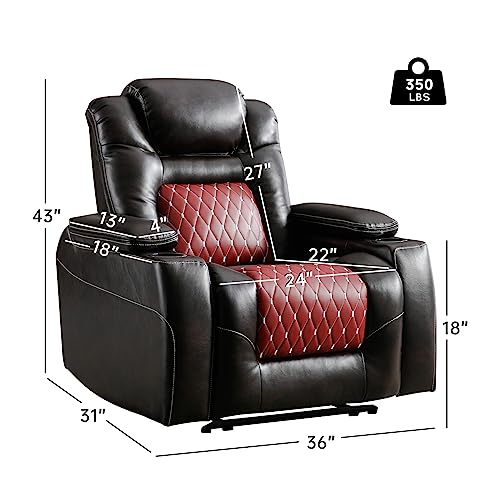 ANJ Electric Power Recliner Chair with Adjustable Powered Headrest, Faux Leather Home Theater Seating Overstuffed Reclining Furniture with USB Ports, Cup Holders, Hidden Arm Storage (Brown/Red)