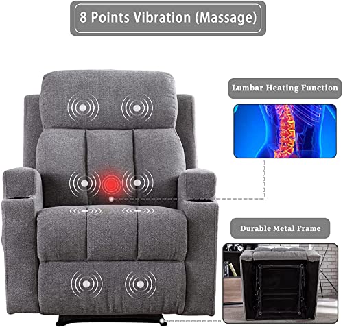 ANJ Massage Recliner Chairs with Heat Breathable Fabric Manual Recliners with Cup Holders for Living Room, Modern Reclining Single Sofas (Light Grey)