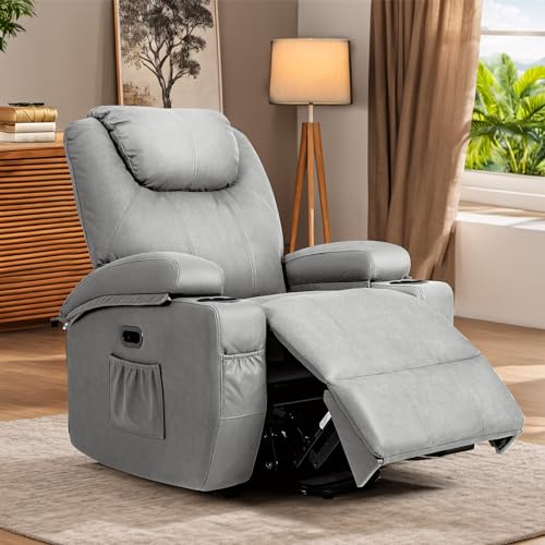 YESHOMY Power Lift Recliner Chair with Massage and Heat, Fabric Papped Sofa with Remote Control and Two Cup Holders for Living Room, Bedroom,Dark Blue, Light Grey